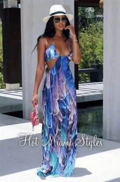 Amethyst Feather Print Cut Out Halter Maxi Dress -rehab shop amethyst feather print cut out halter maxi dress hot miami styles 820556
