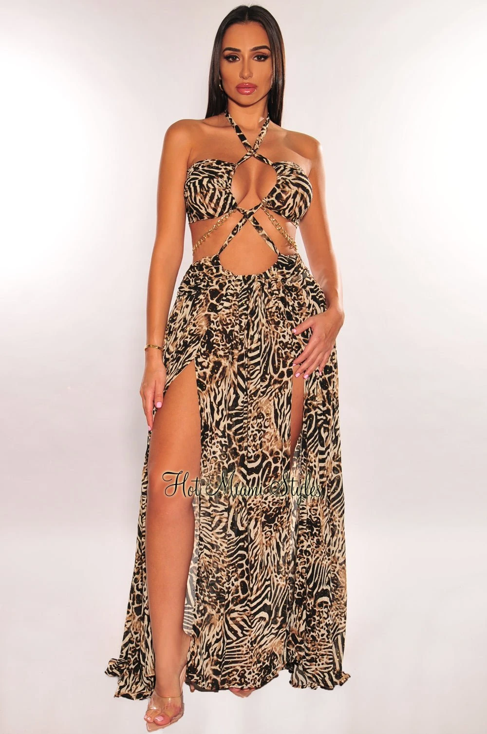Animal Print Halter Cut Out Gold Chain Belted Double Slit Maxi Dress 3 Animal Print Halter Cut Out Gold Chain Belted Double Slit Maxi Dress