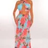 Aqua Floral Print Halter Cross Tie Up Smocked Maxi Skirt Two Piece Set -rehab shop aqua floral print halter cross tie up smocked maxi skirt two piece set hot miami styles 818215
