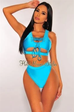Aqua Lace Up Underboob High Waist Bikini