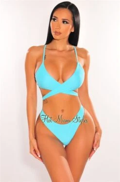 Aqua Padded Crochet Spaghetti Straps Wrap Around Bikini