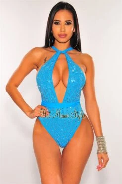 Aqua Silver Rhinestones Halter Multi Wear Swimsuit