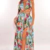 Aqua Tropical Print Padded Halter O-Ring Cut Out Slit Belted Maxi Dress -rehab shop aqua tropical print padded halter o ring cut out slit belted maxi dress hot miami styles 513579