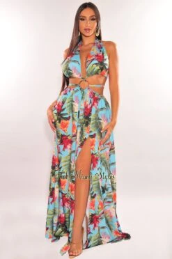 Aqua Tropical Print Padded Halter O-Ring Cut Out Slit Belted Maxi Dress