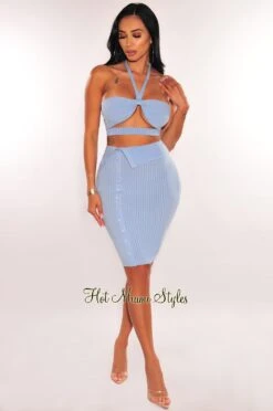 Baby Blue Ribbed Halter Cut Out Button Up Skirt Two Piece Set -rehab shop baby blue ribbed halter cut out button up skirt two piece set hot miami styles 790096