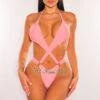Baby Pink Halter Criss Cross O-Ring Cut Out Thong Swimsuit -rehab shop baby pink halter criss cross o ring cut out thong swimsuit hot miami styles 793057