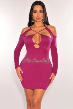 Berry Cut Out CrissCross Long Sleeve Mini Dress