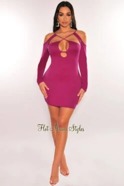 Berry Cut Out CrissCross Long Sleeve Mini Dress -rehab shop berry cut out crisscross long sleeve mini dress hot miami styles 566924
