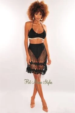 Black Crochet Halter Cowrie Shells Skirt Two Piece Set Cover Up 7 Black Crochet Halter Cowrie Shells Skirt Two Piece Set Cover Up -rehab shop black crochet halter cowrie shells skirt two piece set cover up hot miami styles 521989