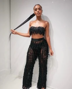 Black Crochet Halter Fringe Pants Two Piece Set Cover Up -rehab shop black crochet halter fringe pants two piece set cover up hot miami styles 948486