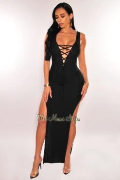 Black Crochet Sleeveless Lace Up Double Slit Cover Up Dress