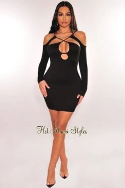 Black Cut Out CrissCross Long Sleeve Mini Dress -rehab shop black cut out crisscross long sleeve mini dress hot miami styles 549973