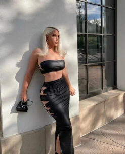 Black Faux Leather Bandeau Gold Ring Cut Out Slit Skirt Two Piece Set -rehab shop black faux leather bandeau gold ring cut out slit skirt two piece set hot miami styles 634795