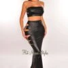 Black Faux Leather Bandeau Gold Ring Cut Out Slit Skirt Two Piece Set