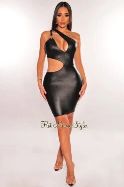 Black Faux Leather Black Chain One Shoulder Cut Out Mini Dress 8 Black Faux Leather Black Chain One Shoulder Cut Out Mini Dress -rehab shop black faux leather black chain one shoulder cut out mini dress hot miami styles 492083
