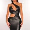 Black Faux Leather Black Chain One Shoulder Cut Out Mini Dress