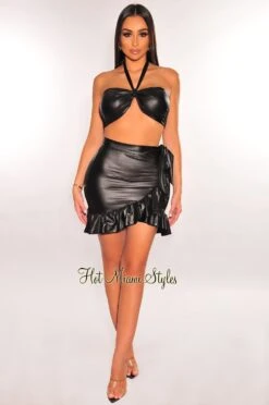 Black Faux Leather Halter Ruffle Tie Up Skirt Two Piece Set 8 Black Faux Leather Halter Ruffle Tie Up Skirt Two Piece Set -rehab shop black faux leather halter ruffle tie up skirt two piece set hot miami styles 130942