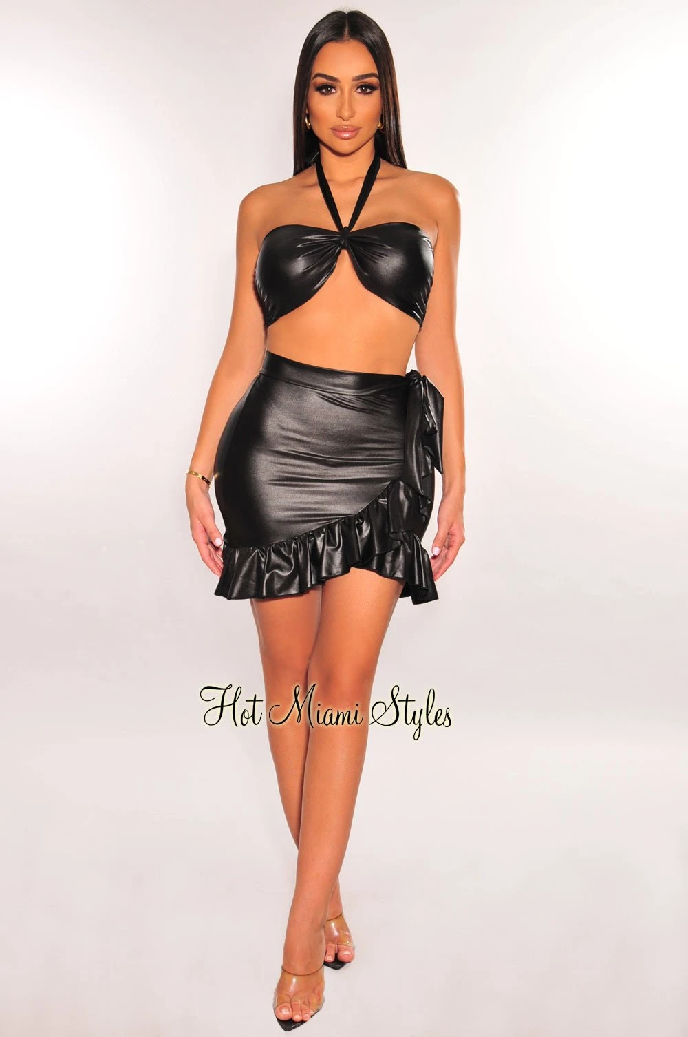 Black Faux Leather Halter Ruffle Tie Up Skirt Two Piece Set 5 Black Faux Leather Halter Ruffle Tie Up Skirt Two Piece Set - Image 3