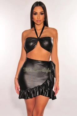 Black Faux Leather Halter Ruffle Tie Up Skirt Two Piece Set