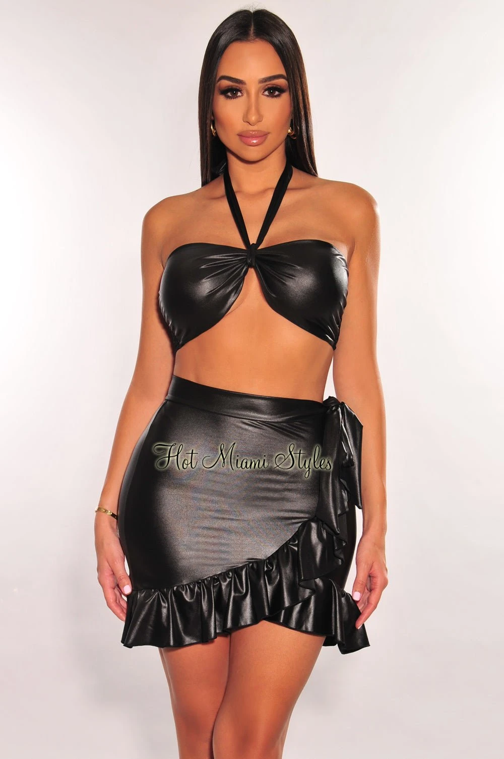 Black Faux Leather Halter Ruffle Tie Up Skirt Two Piece Set 3 Black Faux Leather Halter Ruffle Tie Up Skirt Two Piece Set