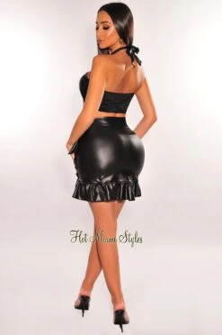 Black Faux Leather Halter Ruffle Tie Up Skirt Two Piece Set 9 Black Faux Leather Halter Ruffle Tie Up Skirt Two Piece Set -rehab shop black faux leather halter ruffle tie up skirt two piece set hot miami styles 890492
