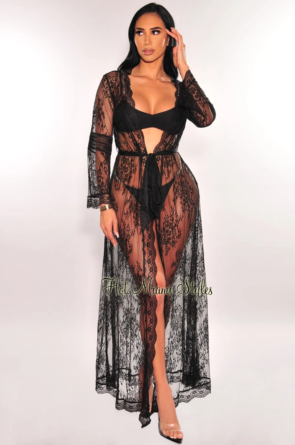 Black Floral Lace Crochet Sheer Tie Up Cover Up 3 Black Floral Lace Crochet Sheer Tie Up Cover Up