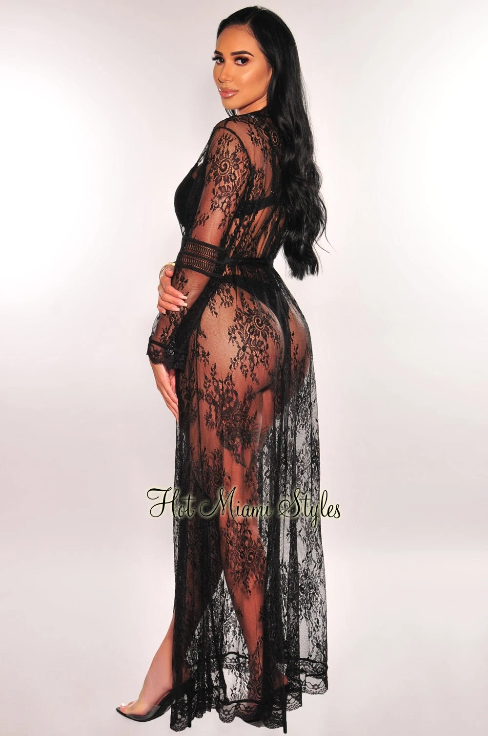 Black Floral Lace Crochet Sheer Tie Up Cover Up 4 Black Floral Lace Crochet Sheer Tie Up Cover Up - Image 2