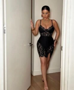 Black Floral Lace Spaghetti Straps Mini Dress -rehab shop black floral lace spaghetti straps mini dress hot miami styles 431182