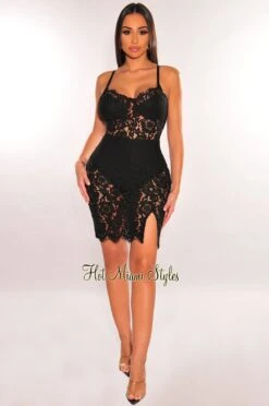 Black Floral Lace Spaghetti Straps Mini Dress -rehab shop black floral lace spaghetti straps mini dress hot miami styles 515699