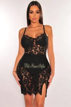 Black Floral Lace Spaghetti Straps Mini Dress