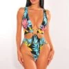 Black Floral Print Gold Ring Sleeveless Belted Swimsuit -rehab shop black floral print gold ring sleeveless belted swimsuit hot miami styles 897588