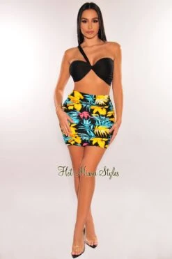 Black Floral Print High Waist Ruched Cover Up Skirt -rehab shop black floral print high waist ruched cover up skirt hot miami styles 305829
