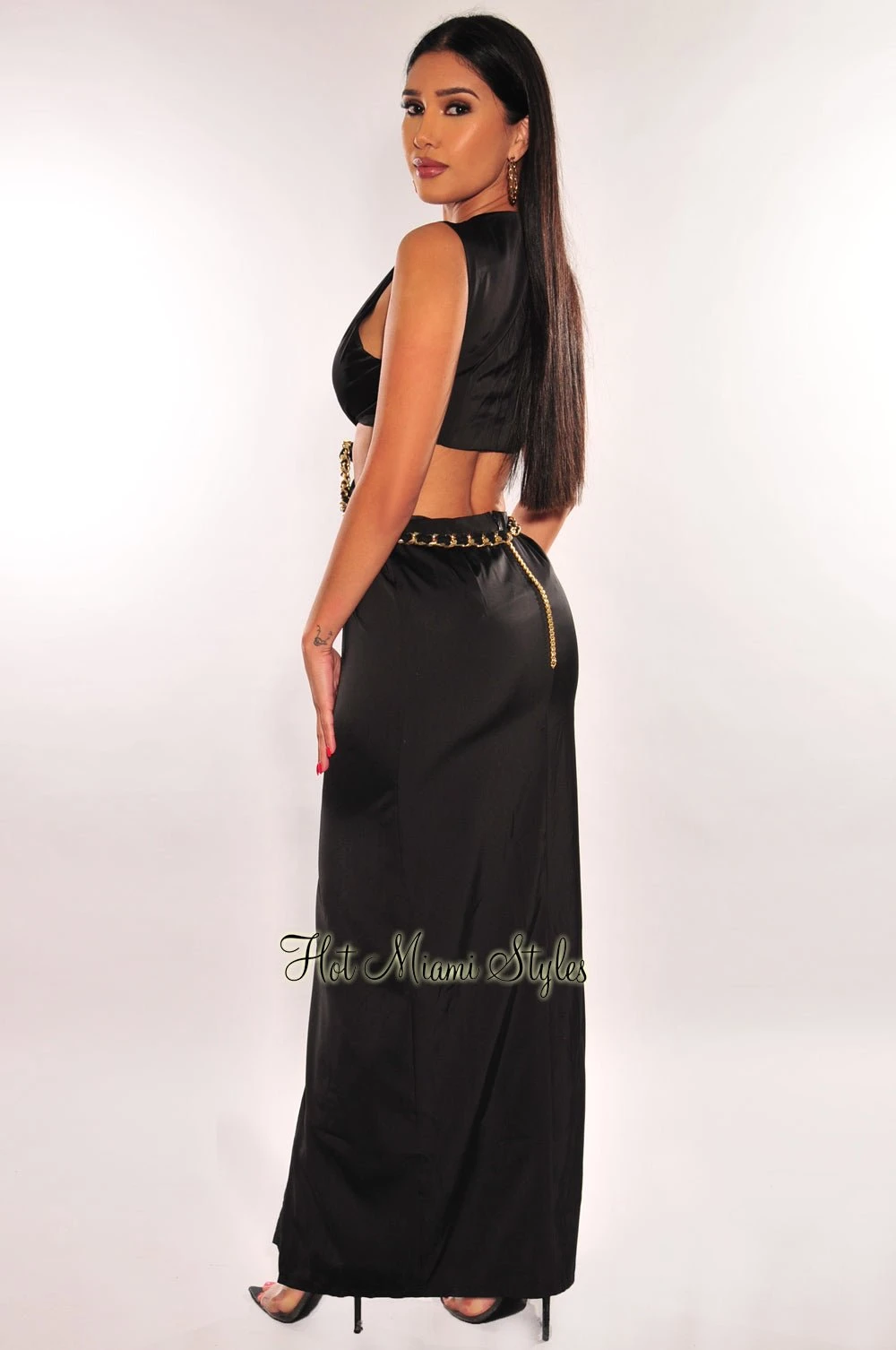Black Gold Chain Knotted Cut Out Slit Maxi Dress 4 Black Gold Chain Knotted Cut Out Slit Maxi Dress - Image 2