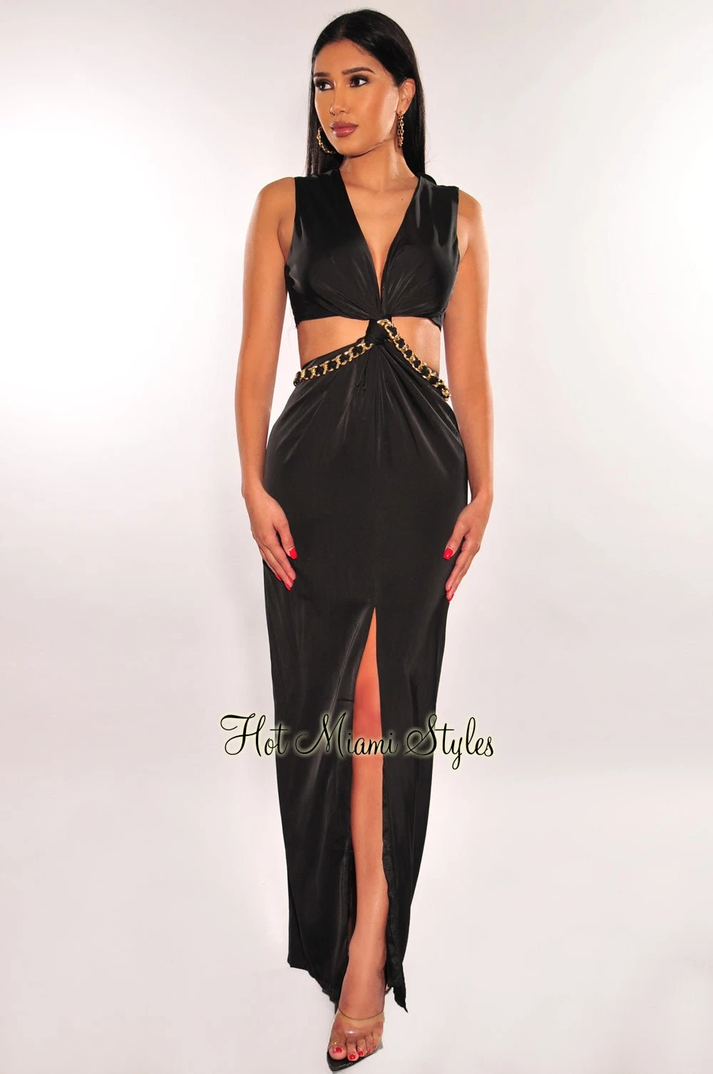 Black Gold Chain Knotted Cut Out Slit Maxi Dress 3 Black Gold Chain Knotted Cut Out Slit Maxi Dress