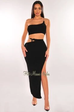 Black Gold Chain One Shoulder Cut Out Skirt Two Piece Set