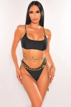 Black Gold Chain Straps Belted Scrunch Butt Bikini