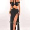 Black Halter Off Shoulder O-Ring Strap Slit Skirt Two Piece Set -rehab shop black halter off shoulder o ring strap slit skirt two piece set hot miami styles 886544