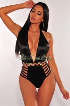 Black Halter Rhinestone Strappy Sides Swimsuit