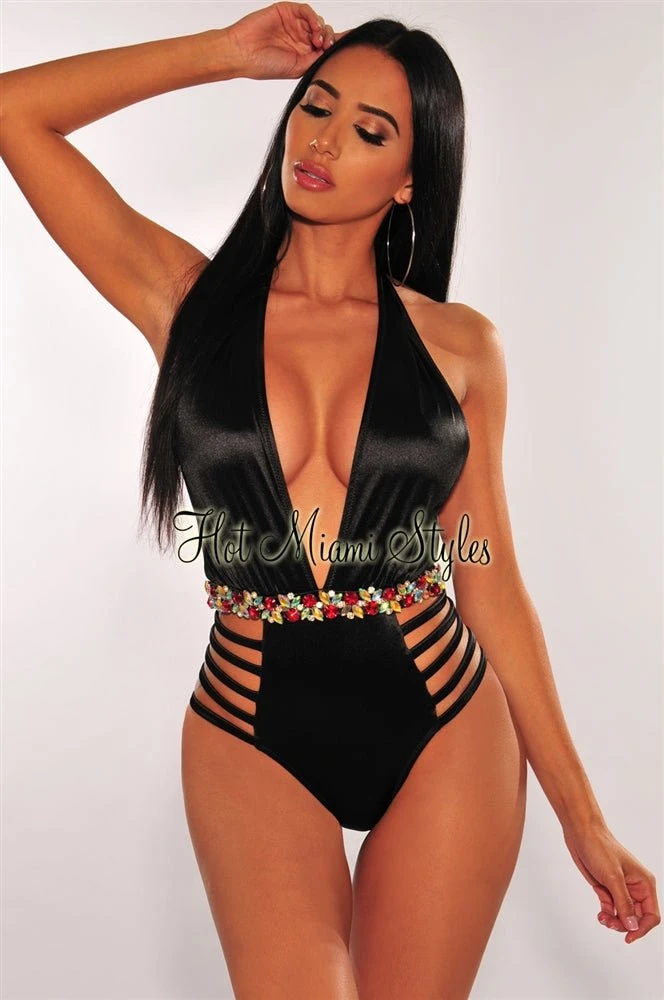 Black Halter Rhinestone Strappy Sides Swimsuit 3 Black Halter Rhinestone Strappy Sides Swimsuit