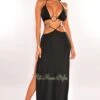 Black Halter Silver O-Ring Strappy Double Slit Maxi Skirt Two Piece Set -rehab shop black halter silver o ring strappy double slit maxi skirt two piece set hot miami styles 305671