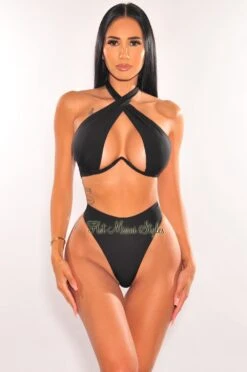 Black Halter Underwire CrissCross Tie Up Scrunch Butt Bikini