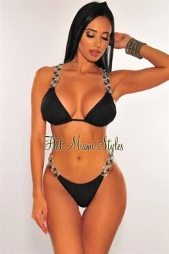 Black Jeweled Tie Up Padded Bikini
