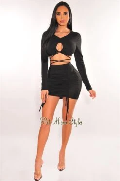 Black Long Sleeve Keyhole Wrap Around Ruched Skirt Two Piece Set -rehab shop black long sleeve keyhole wrap around ruched skirt two piece set hot miami styles 328690