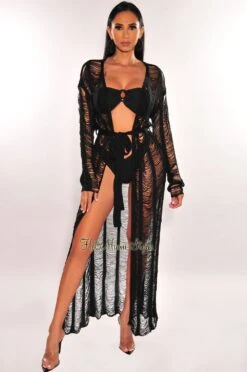Black Long Sleeve Ladder Cut Belted Cover Up -rehab shop black long sleeve ladder cut belted cover up hot miami styles 364742