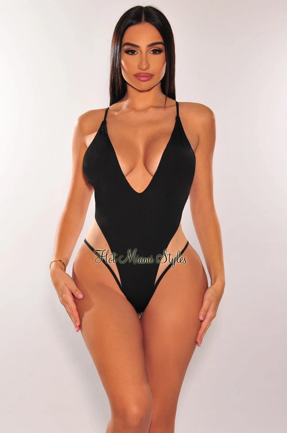 Black Mesh Nude Illusion Spaghetti Strap Deep V Neck Swimsuit 3 Black Mesh Nude Illusion Spaghetti Strap Deep V Neck Swimsuit