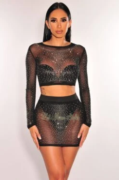 Black Mesh Rhinestone Long Sleeves Skirt Two Piece Set