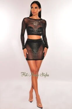 Black Mesh Rhinestone Long Sleeves Skirt Two Piece Set -rehab shop black mesh rhinestone long sleeves skirt two piece set hot miami styles 292686