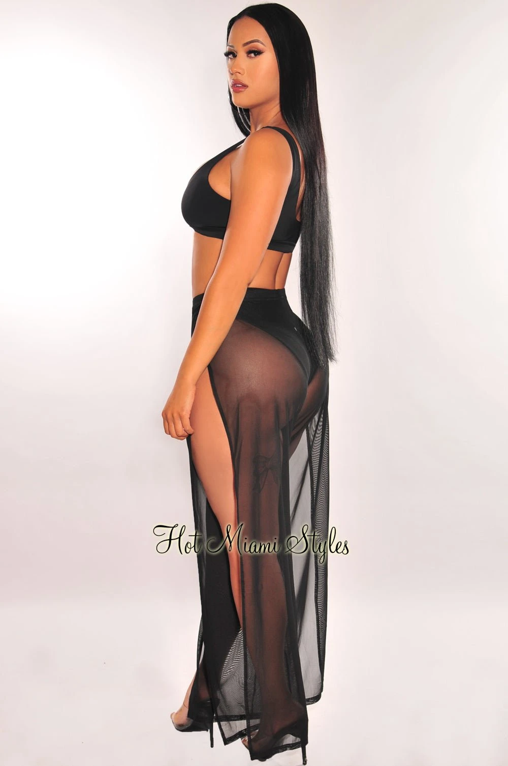 Black Mesh Sheer High Waist Double Slit Cover Up Pants 4 Black Mesh Sheer High Waist Double Slit Cover Up Pants - Image 2