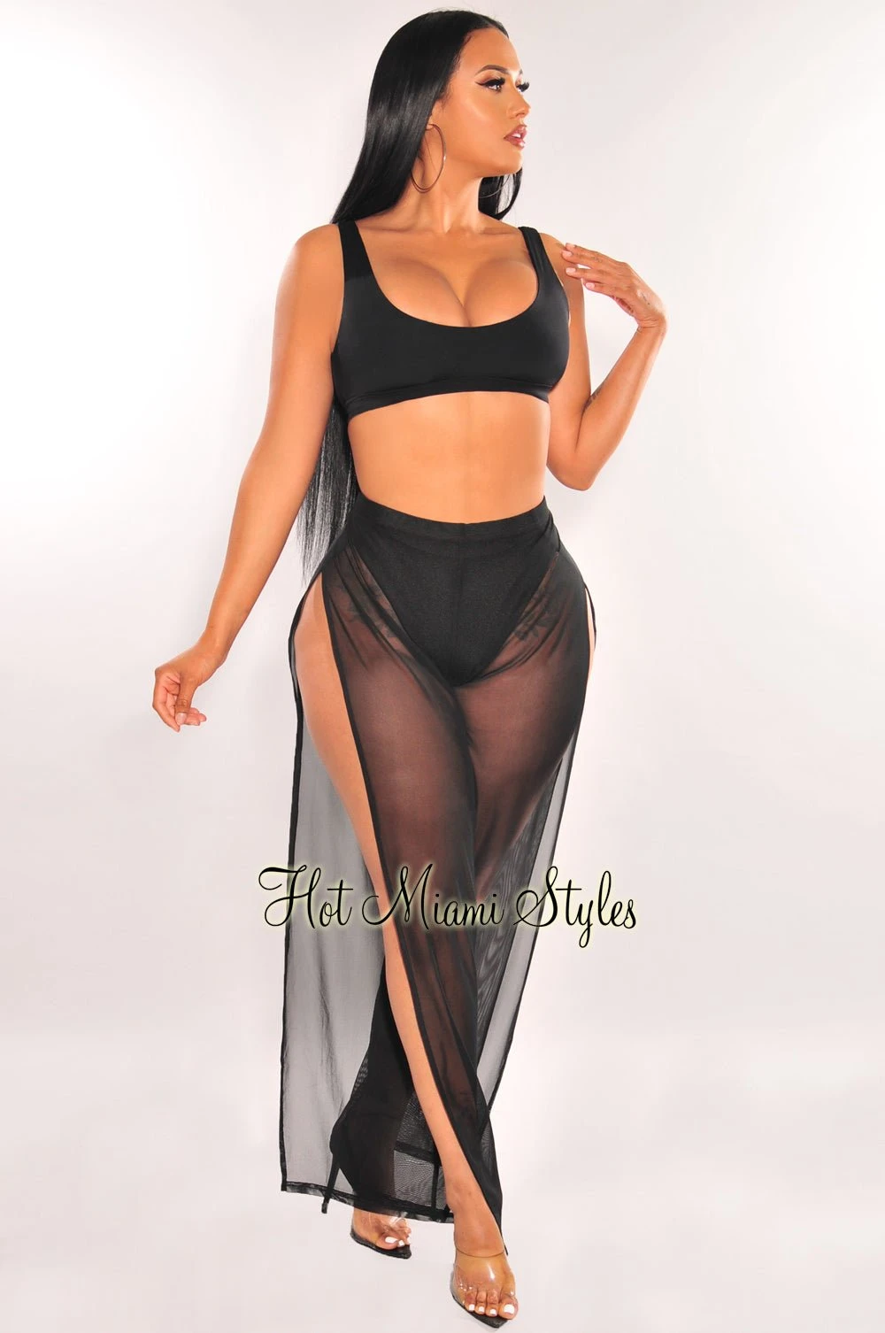Black Mesh Sheer High Waist Double Slit Cover Up Pants 3 Black Mesh Sheer High Waist Double Slit Cover Up Pants