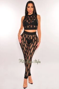 Black Mock Neck Sheer Cut Out Pants Two Piece Set Cover Up